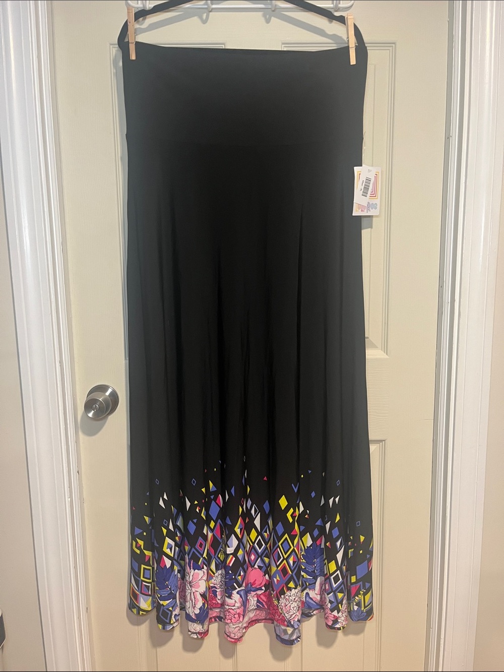 LuLaRoe Black Maxi Skirt with Bright Geometric & Floral Hem
